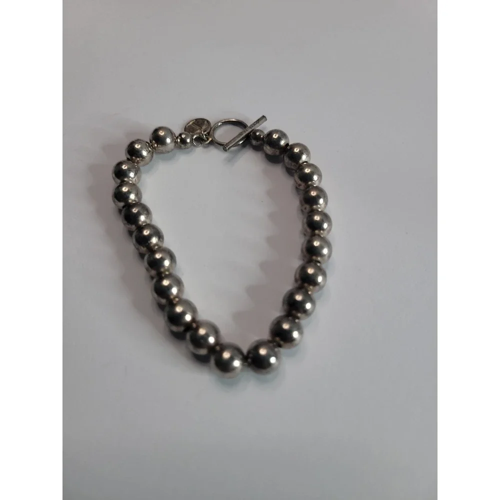 925 Sterling Silver Beaded Bracelet with Toggle Clasp and Round Charm